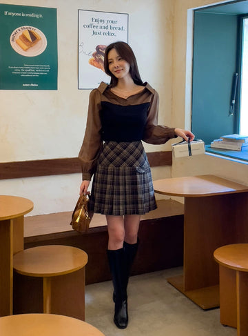 Tello Color Matching Knit Off-shoulder Shirt Blouse